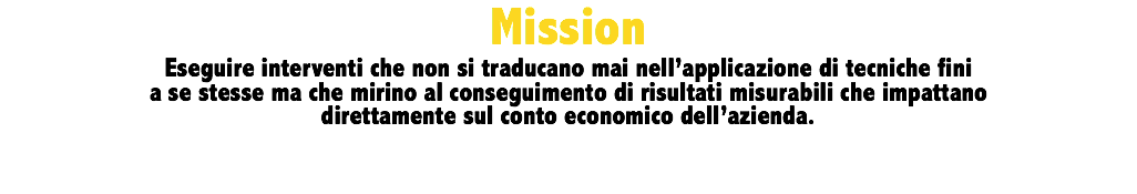 Mission Eseguire interventi che non si traducano mai nell’applicazione di tecniche fini a se stesse ma che mirino al conseguimento di risultati misurabili che impattano direttamente sul conto economico dell’azienda.